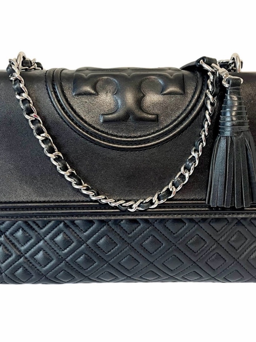Tory Burch Black Quilted Leather Shoulder Bag with Tassel